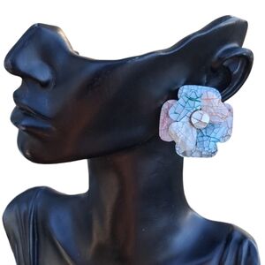 Vintage Iridescent Shell Mosaic Flower Stud Earrings - Pastel Floral